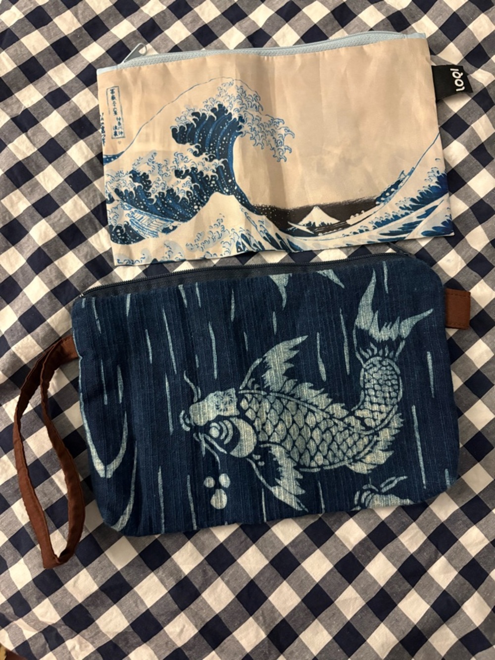 Blue Koi Fish Wristlet Pouch with Wave Print Coin Purse
